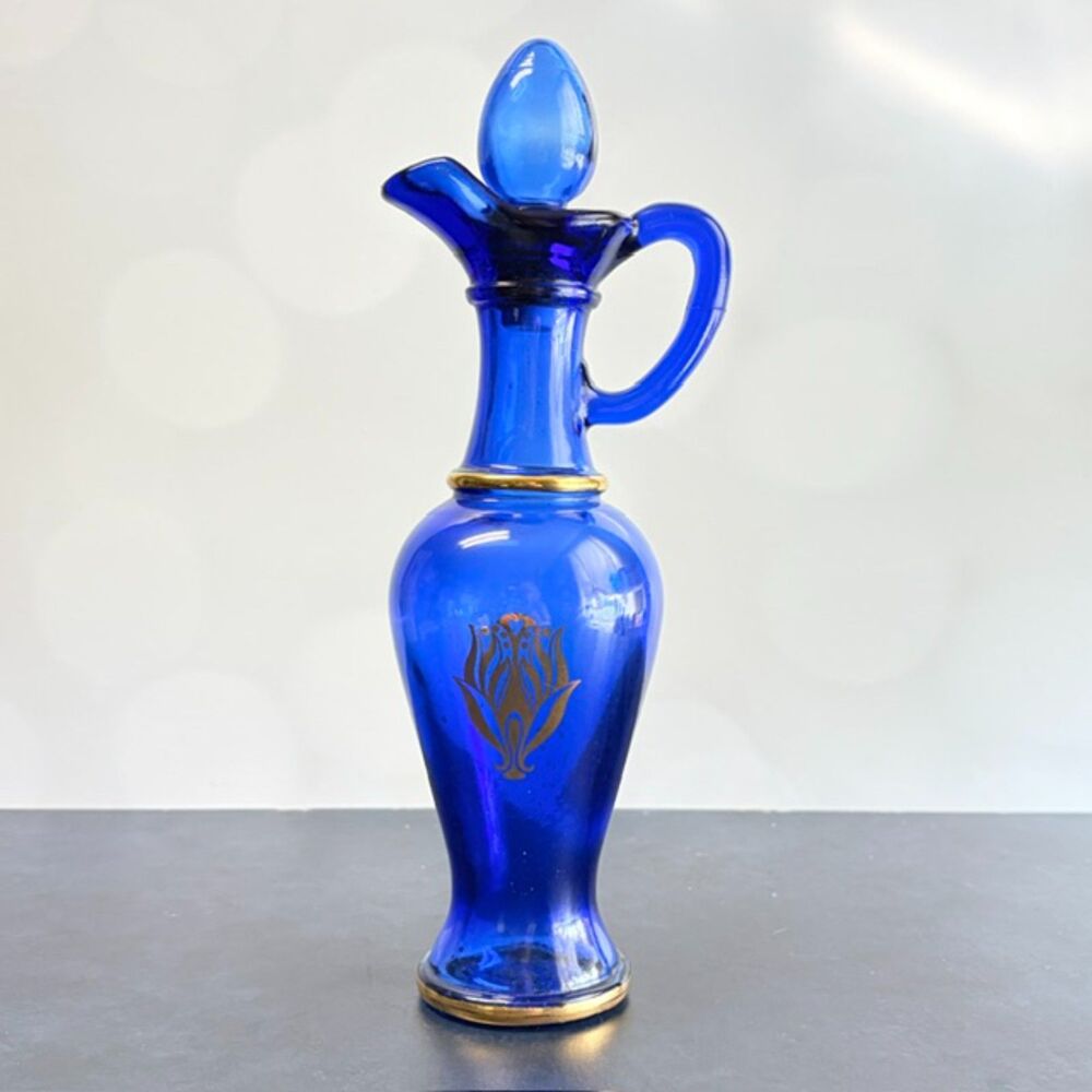 Vintage Avon Skin So Soft Cobalt Blue Glass Decanter Stopper 6 oz Gold Floral